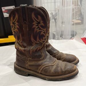 Justin Boots Brown Leather Western Work Boots with Multicolor Stitching